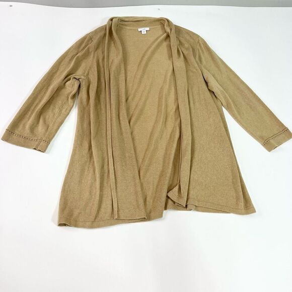 J Jill Cardigan Sweater Linen Women Large Tan Oatmeal Long 3/4 Sleeve - Picture 1 of 7